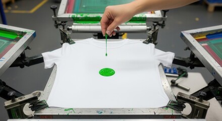 Close-up of green paint being dropped onto a white t-shirt for screen printing process