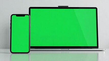 Modern smartphone and laptop with vibrant green screens, ready for creative content.
