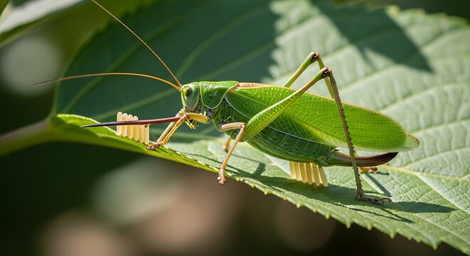 Green Katydid on Leaf Closeup.