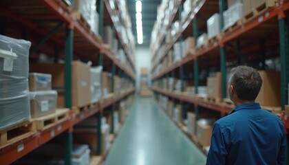 Man inspects inventory in vast warehouse, rows of shelves filled with products. Focus on logistics, supply chain management, distribution operations. Technology, data analysis improve efficiency,