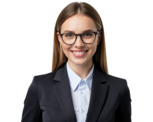 Firefly_ Portrait of a beautiful, smiling businesswoman in a suit, wearing glasses, isolated