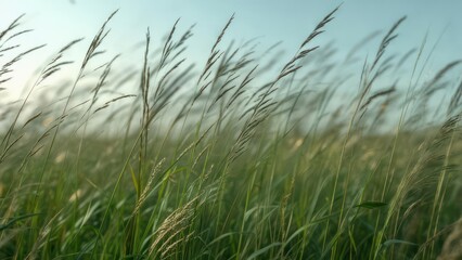 Tall grass sways gently in a breeze under a soft sky