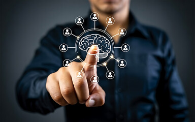 Man's finger touches digital network connecting to a glowing brain icon, symbolizing AI and connectivity.