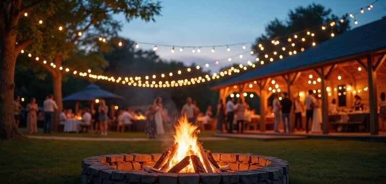 Outdoor wedding reception features guests socializing around bonfire, under string lights near rustic wooden pavilion at dusk. Scene evokes cozy, warm, festive atmosphere with people enjoying