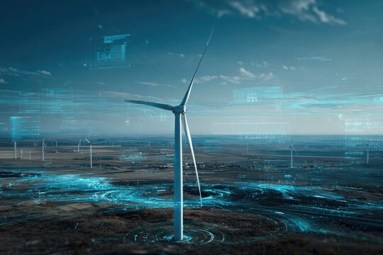 Panoramic view of wind turbines in a field, overlaid with digital data visualizations