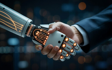 Human and robotic hand shaking in a futuristic partnership, symbolizing innovation and collaboration.