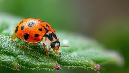 Obraz premium Ladybug on a vibrant green leaf (1)