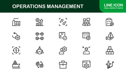 Operations Management Icon Set Featuring Workflow, Planning, Logistics, and Business Tools in Vector Style