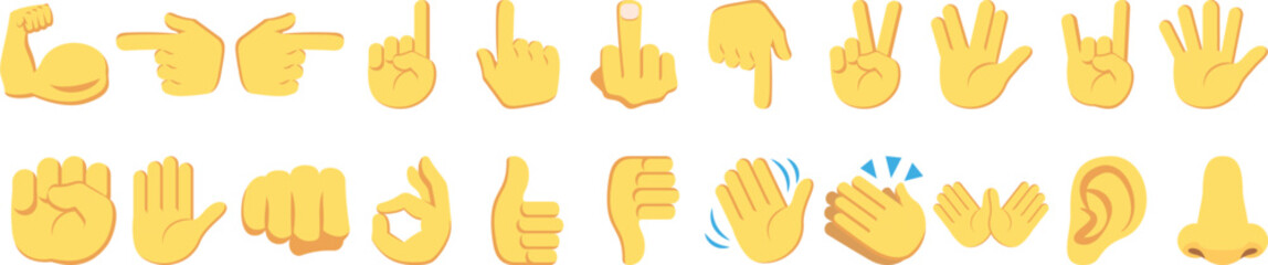 Collection of yellow hand gesture icons in flat style. Various finger signs, symbols, and expressions for communication and design. Perfect for emoji, chat, and digital illustration use.