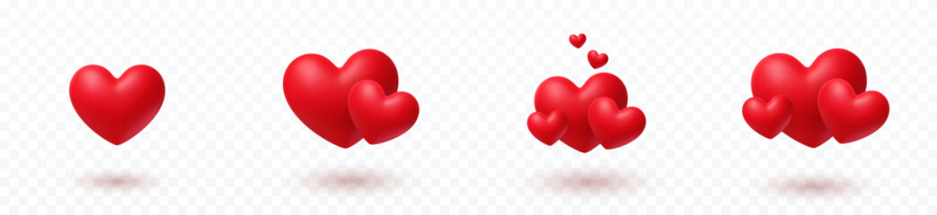 Valentines day love symbols isolated on transparent background. Vector 3d heart balloons. Red romantic signs. Wedding decoration elements with shadow