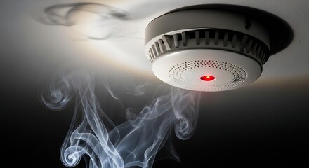 Smoke detector with red light blinking, indicating a fire hazard, emphasizing the importance of home safety and early warning systems for fire prevention