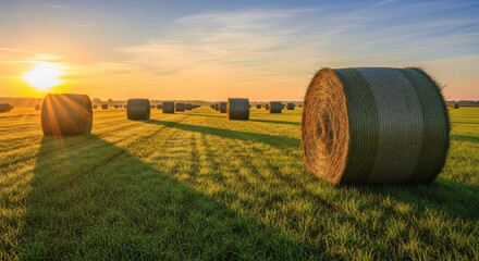 Golden Hour Sunrise Over Bales of Hay in a Green Field
