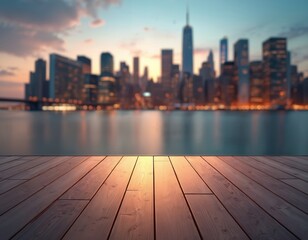 Obraz premium Shiny wooden floor with copy space in front of blurred futuristic cityscape at night. City skyline with glowing lights and skyscrapers reflects on water. Modern urban background.
