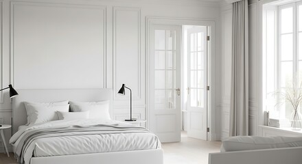 Elegant white bedroom interior with minimalist design and natural light isolated on white background, creating a serene and inviting atmosphere