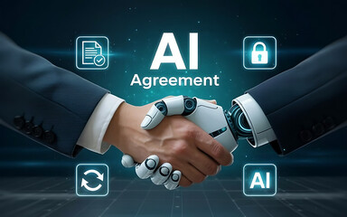 Human and robot handshake symbolizes AI agreement and future technology integration