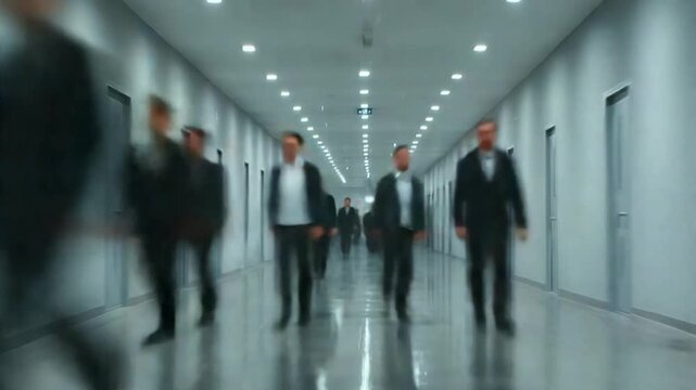 Blurred Corporate March: A multitude of businesspeople stride down an expansive corridor, their movements a blur, evoking a sense of purpose and dynamic activity within a modern corporate environment.