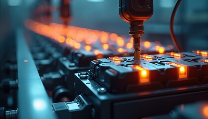 Automated manufacturing process for electric vehicle battery cells on industrial production line. Robotic arm performs precise task on lithium accumulator pack. Glowing orange lights signify energy,