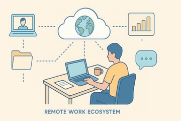 Remote work ecosystem illustration with central worker, laptop, and connected digital icon