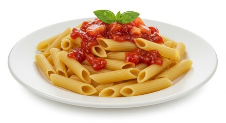 Pasta with tomato sauce and basil on a white plate  