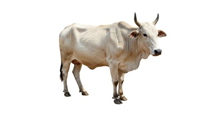 Fototapeta premium A cow stands creamcolored with dark horns on a white background
