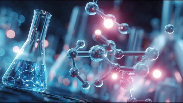 Laboratory glassware with chemical structures and glowing molecules