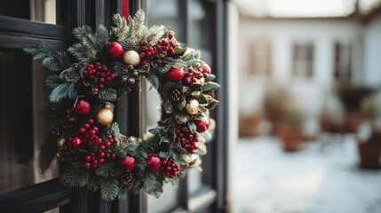 Christmas Wreath: A festive Christmas wreath adorns a window, combining seasonal elements to create a welcoming holiday display.