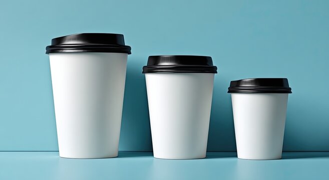 Three white disposable coffee cups of varying sizes on a light teal background