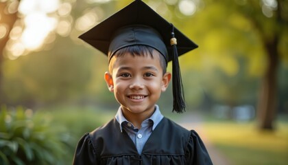 Young student smiles in graduation cap and gown. Celebrating academic achievement with diploma and degree. Diverse inclusivity in education. Successful future ahead.