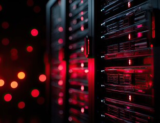 Close-up server rack glowing red