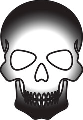 Grayscale Skull Vector Art Depiction with Gradient Shading, Defined Eye Sockets, Nose, and Distinct Tooth Structure on a White Background