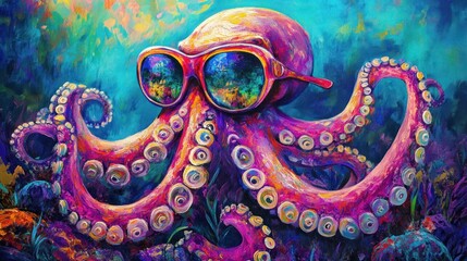 Colorful octopus with sunglasses underwater vibrant whimsical marine life artwork that captures