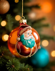 Festive Santa Ornament Hanging on Christmas Tree With Colorful Lights