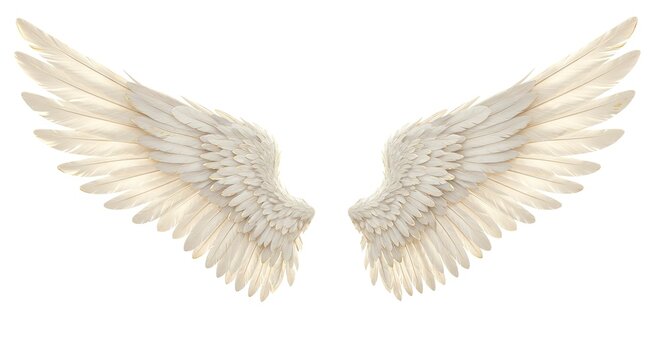 A pair of majestic white angel wings featuring intricate feather detail spread open against a blank backdrop - Powered by Adobe
