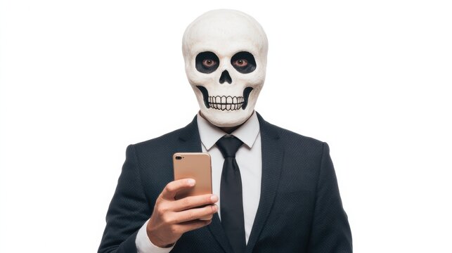 A man in a suit with a skull mask holds a smartphone, blending a formal look with a spooky theme, suitable for Halloween or creative photography.
