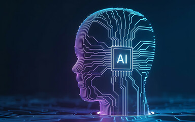 Futuristic AI head silhouette glowing with circuits and a central processor chip, representing artificial intelligence and technology.