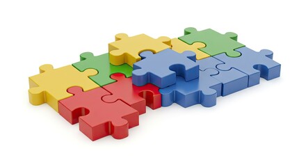 A colorful puzzle featuring yellow green red and blue pieces is partially assembled on a white background