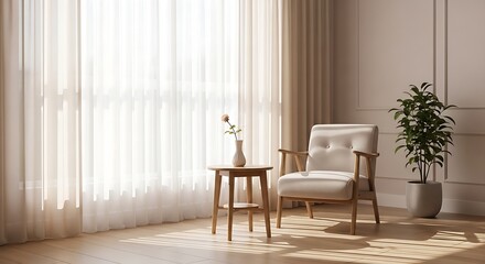Fototapeta premium Bright and airy living room with armchair, side table, and plant near window, creating a peaceful and inviting atmosphere for relaxation and contemplation