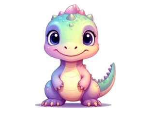 Cartoon Baby Dinosaur Sitting with Big Eyes, Front View, Isolated