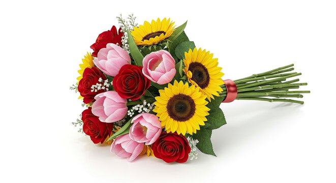 A bouquet of red roses pink tulips and yellow sunflowers tied with a red ribbon