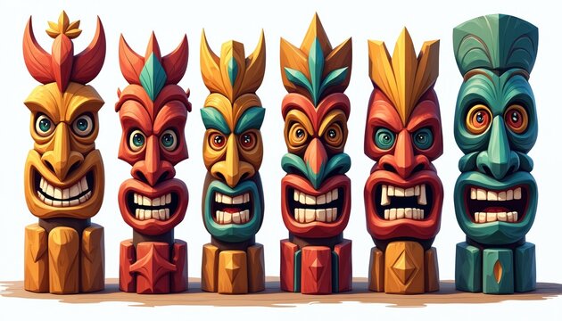 Set of six colorful Hawaiian tribal tiki totems featuring carved wooden masks with exaggerated expressions, prominent teeth. Polynesian figures stand on poles, isolated on clean white background,