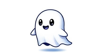 A cartoonish white ghost with black eyes and mouth hovers with a faint shadow beneath