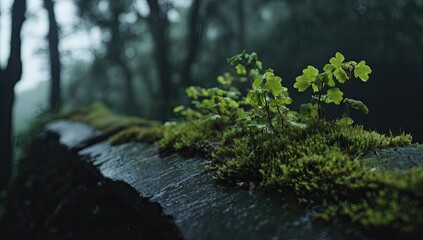 Closeup of moss and plants on stone wall