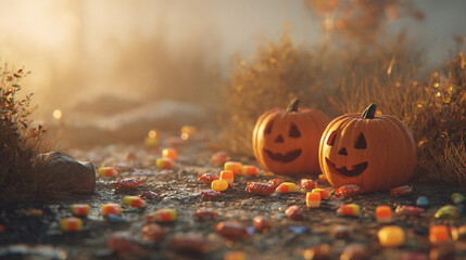 Halloween pumpkins with candy on autumn ground &ndash; festive jack-o-lantern scene