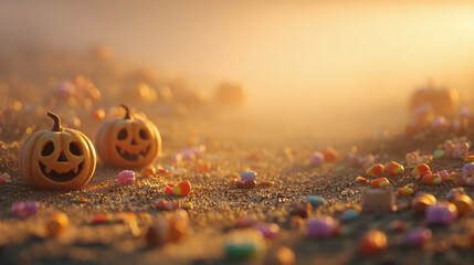 Halloween pumpkins with candy on autumn ground &ndash; festive jack-o-lantern scene
