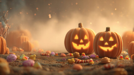 Glowing jack-o-lanterns with Halloween candy in foggy autumn night scene