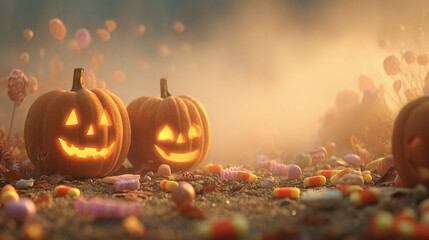 Glowing jack-o-lanterns with Halloween candy in foggy autumn night scene
