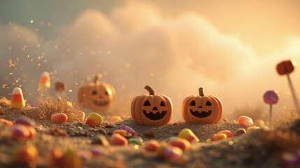 Halloween pumpkins with candy on autumn ground &ndash; festive jack-o-lantern scene