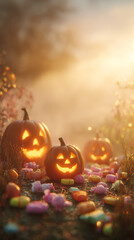 Glowing jack-o-lanterns with Halloween candy in foggy autumn night scene