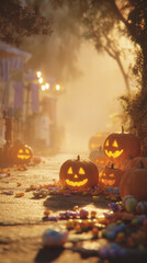 Glowing jack-o-lanterns with Halloween candy in foggy autumn night scene