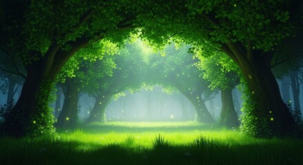 Enchanted Forest Clearing with Sunbeams and Fireflies